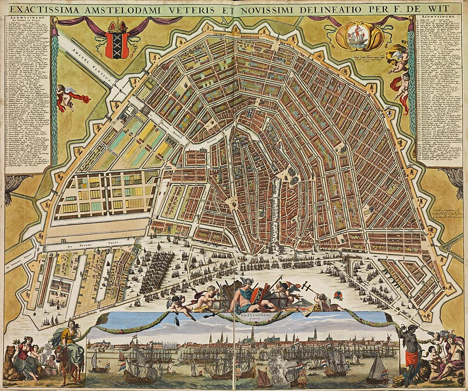 Ingekleurde kaart van Amsterdam van Frederik de Wit, rond 1700